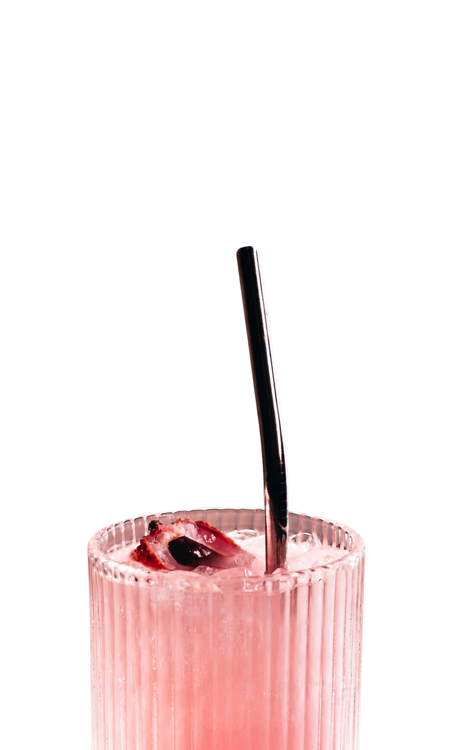 A tall ribbed glass of pale pink Luvya Lab drink topped with berries, with a long metal straw resting in it