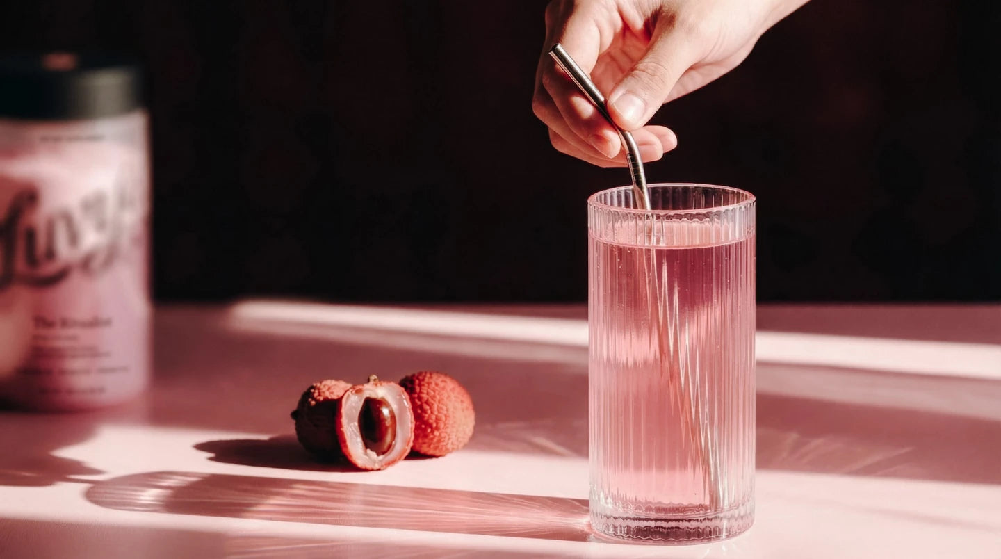 A hand stirring the pink drink in a ribbed glass, with lychee and The Ritualist nearby